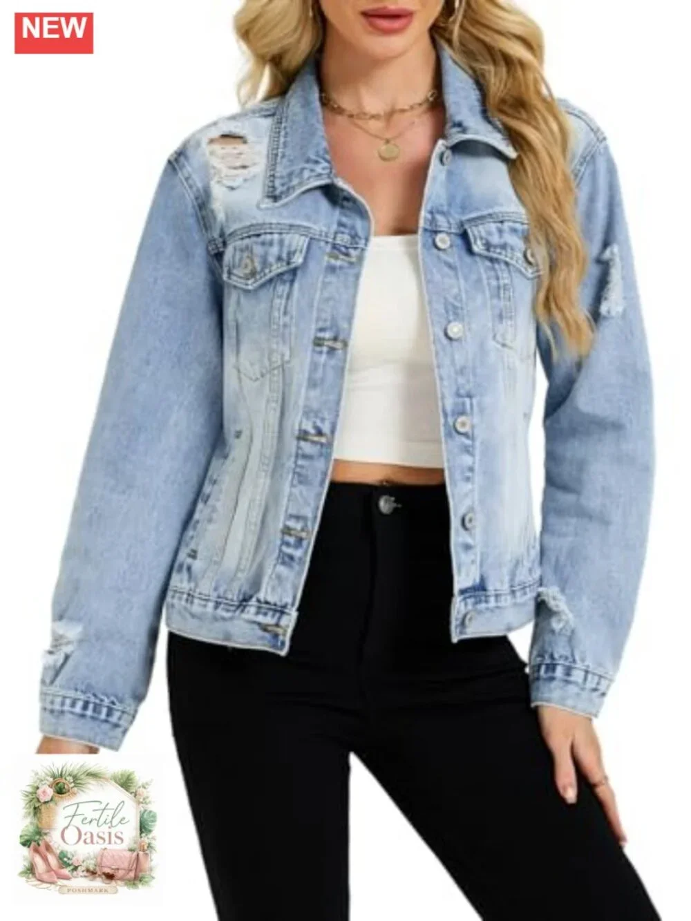 Distressed Ripped Denim Jacket Fitted Jean Shacket Trendy Women No Stretch